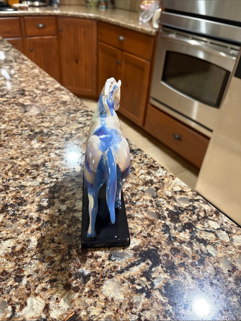 Blue and Cream Ceramic Horse Figurine on Black Base - Picture 5 of 5